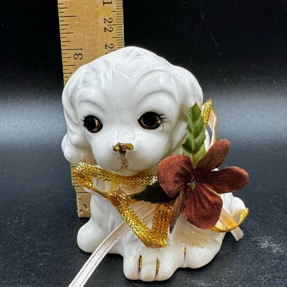Pair of Vintage White Porcelain Dog Figurines With Flowers Made in Taiwan